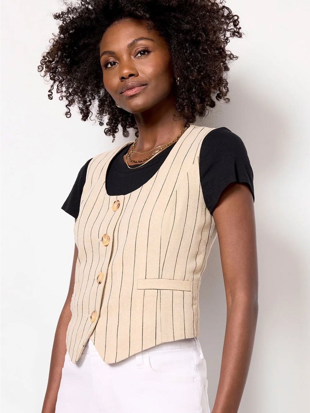 Evereve Tan Stripe Vest with Black Tee and White Wide-Leg Pants